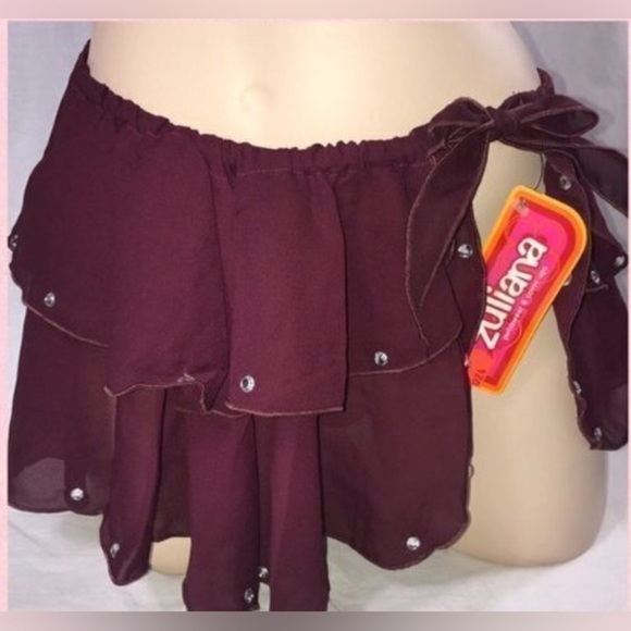 Zuliana Size Small Burgundy & Red Bedazzled Ruffle Side Tie Skirt. New With Tags - Picture 2 of 5